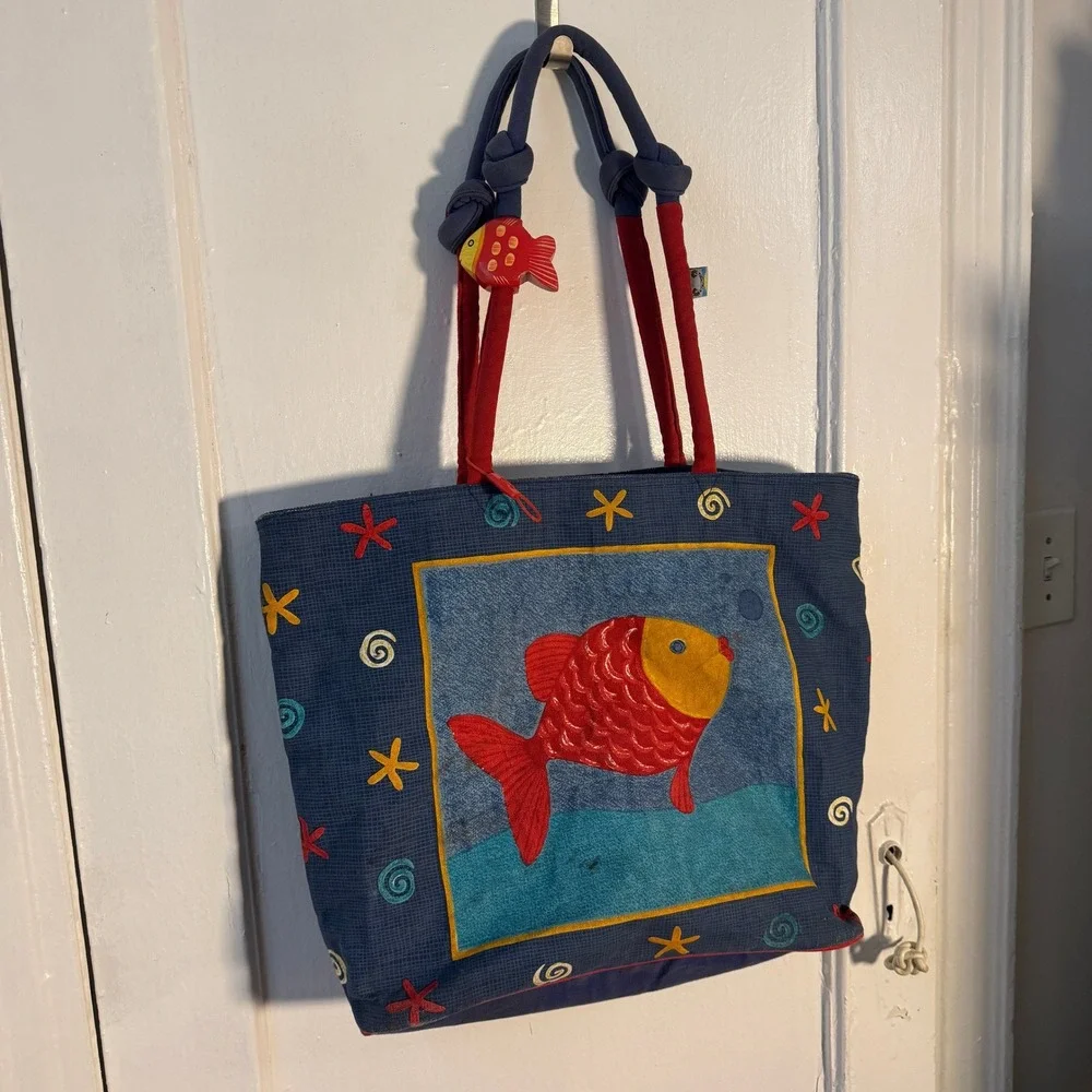 Vtg 90s Nautical Fish Canvas Tote Blue Red Beach Bag Wood Charm Maximalist Sea